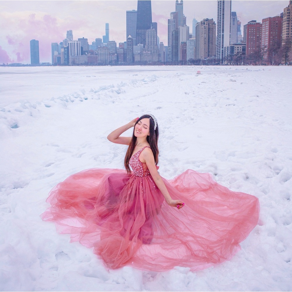 A-Line Blush Pink Sequins Tulle Dress with Split